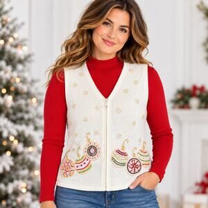 Studio Joy Womens Beaded Christmas Sweater Vest Cream Holiday Festive Medium
